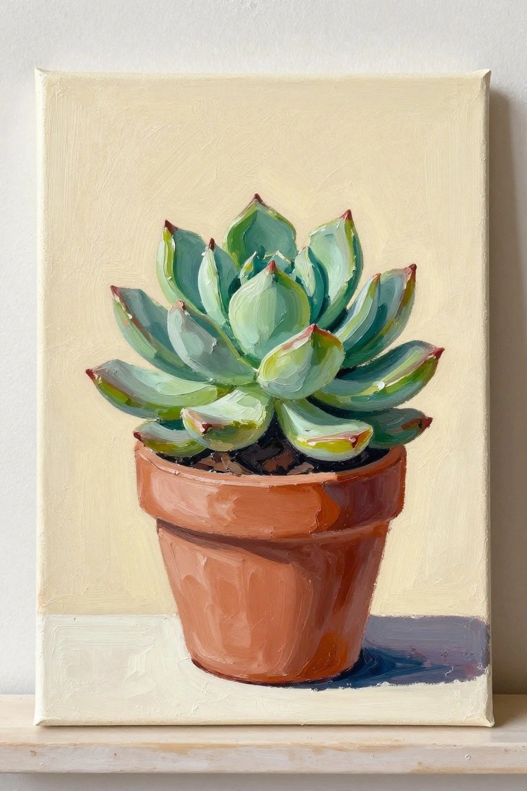 Green succulent in terracotta pot on pale yellow canvas with shadow