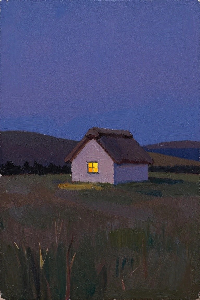 Small lavender cottage with glowing window under dark blue twilight sky