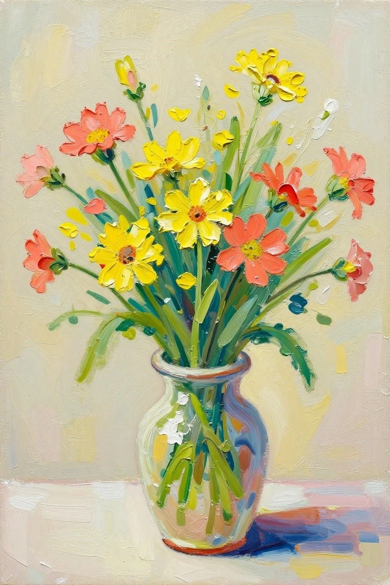 Impressionistic painting of yellow and pink flowers in a glass vase