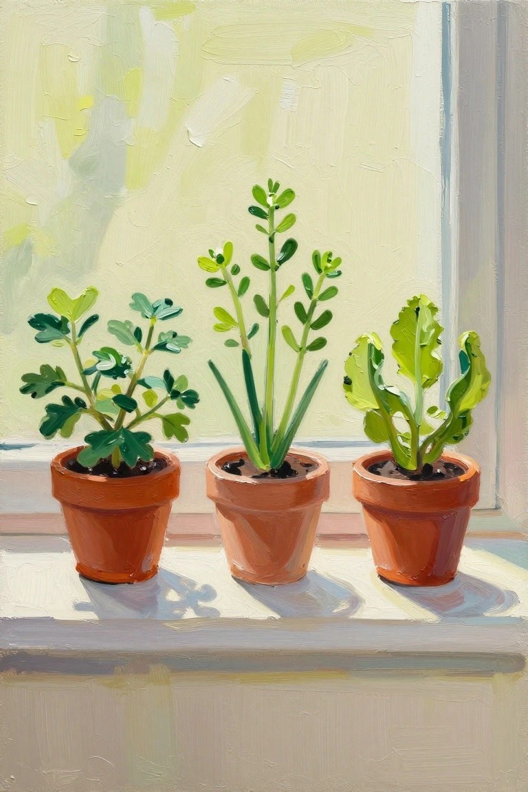 Three green plants in terracotta pots on a sunlit windowsill, painted in soft light