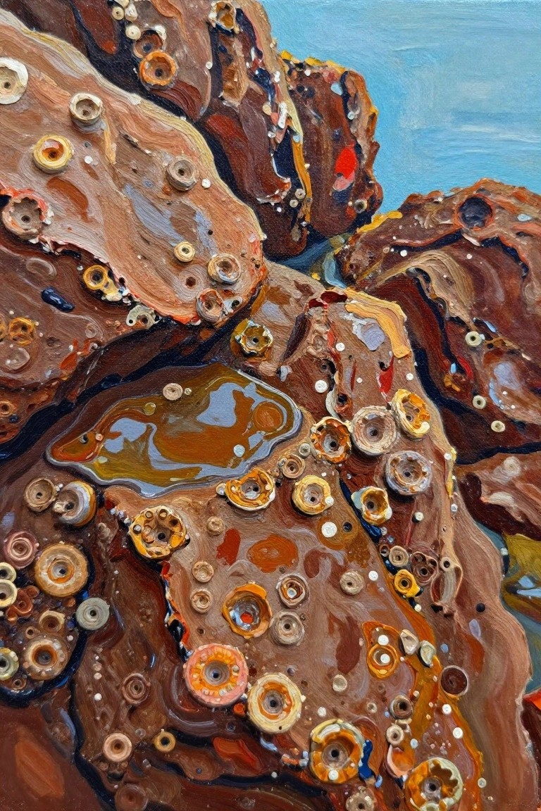 Textured oil painting of barnacle-covered rocks with tide pools and blue sky