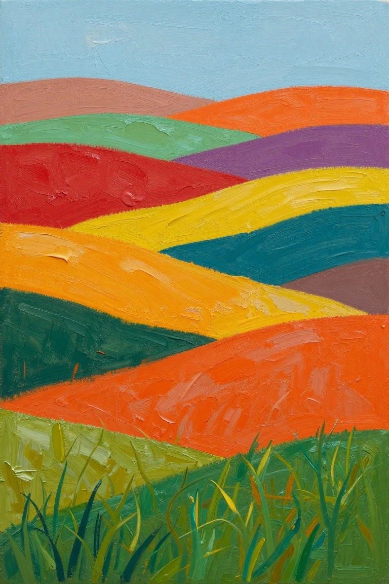 Vibrant abstract painting of layered colorful rolling hills under blue sky with grass.