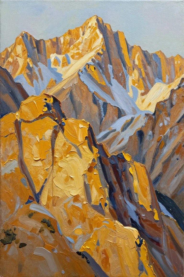 Rugged mountain peaks in golden orange hues with blue shadows, textured oil painting.