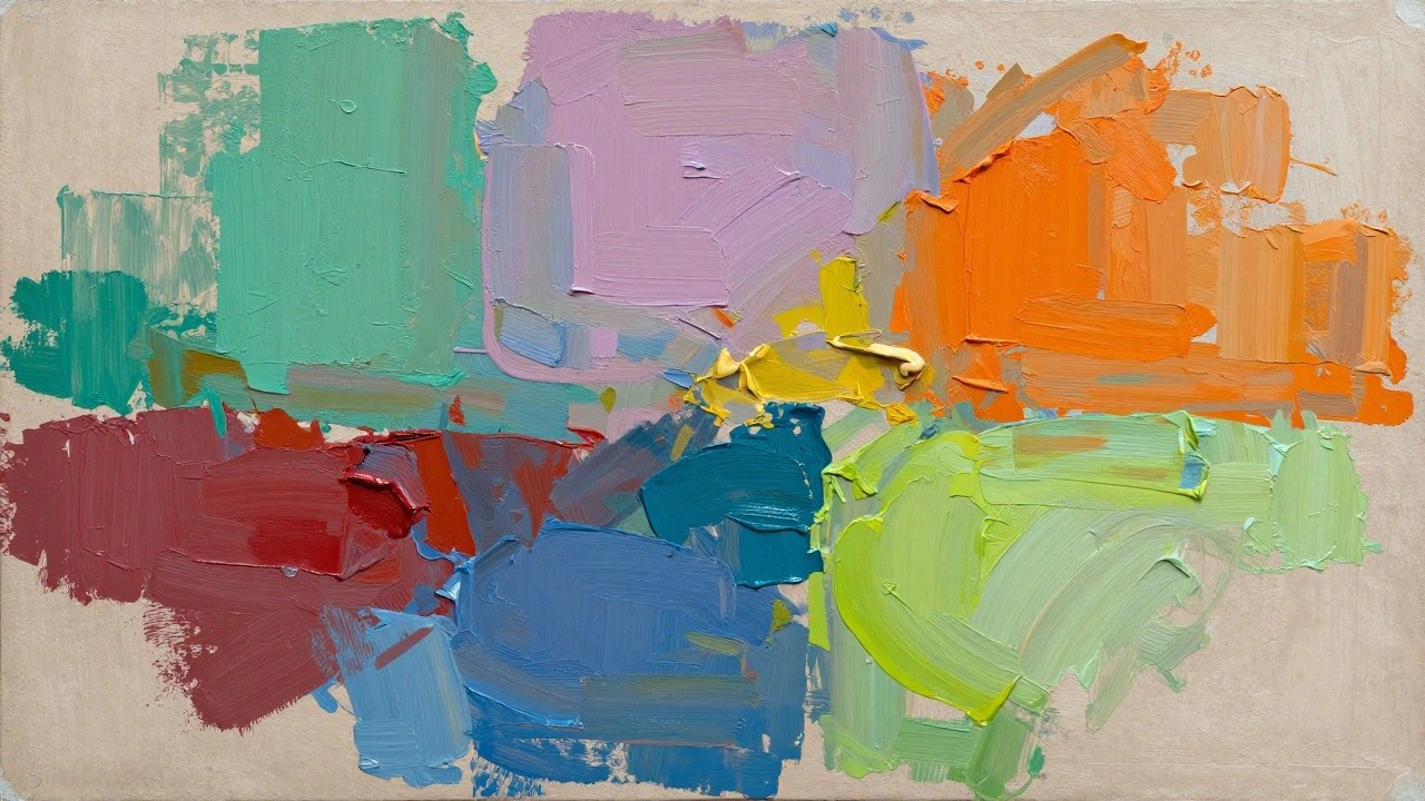 Abstract painting with thick colorful brushstrokes in green, yellow, blue, and orange