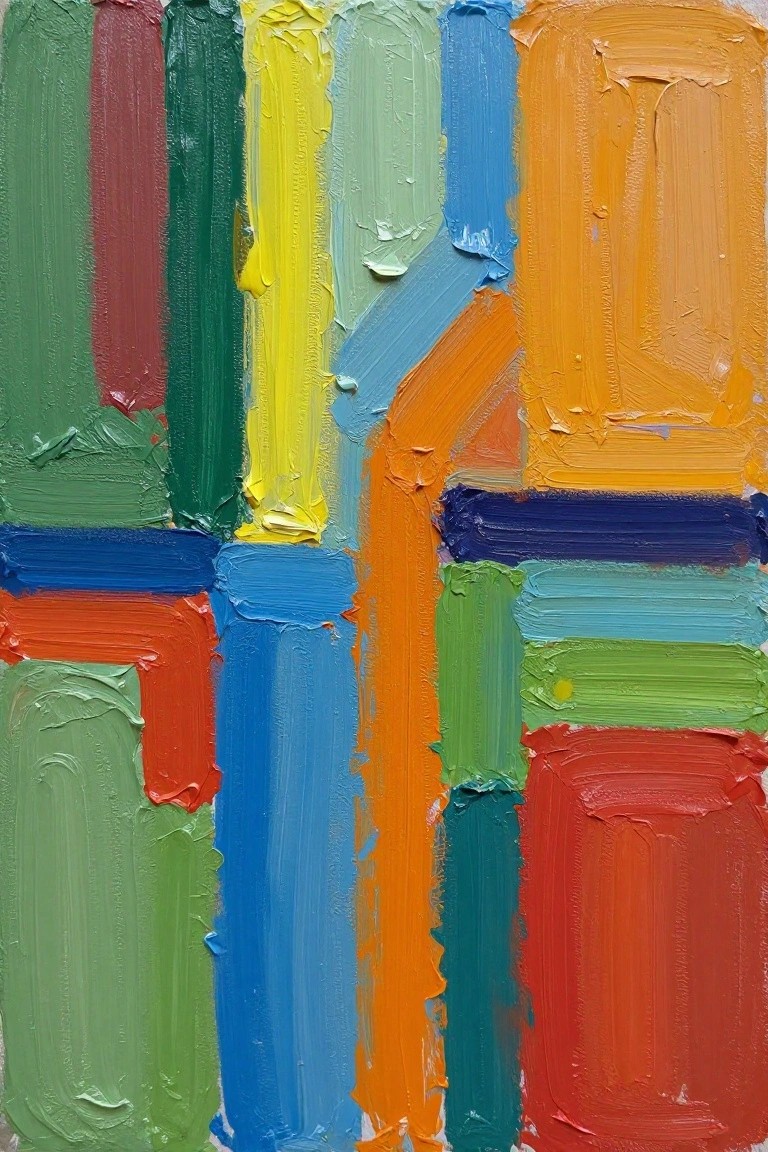 Abstract painting with thick colorful brushstrokes in green, yellow, blue, and orange