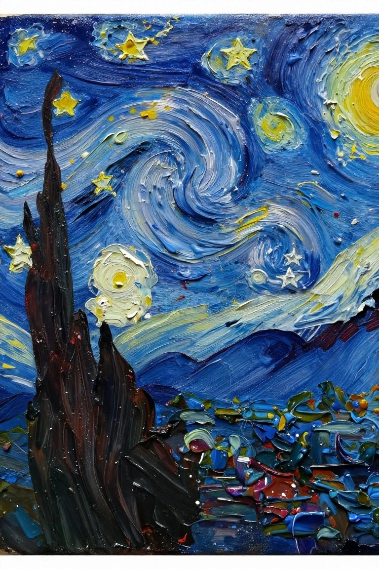 Thick impasto painting of swirling blue starry night sky with yellow stars and cypress tree
