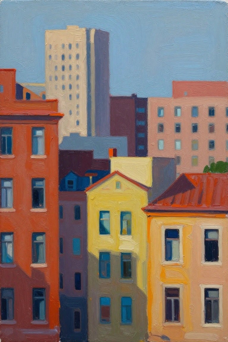 Colorful painting of red, yellow, and pink buildings with windows under blue sky.