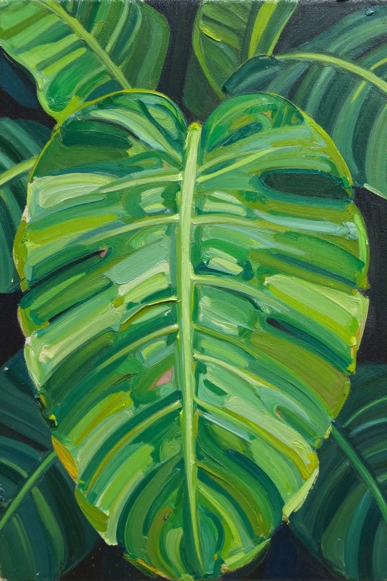 Vibrant green monstera leaves painted with thick expressive brushstrokes on dark background