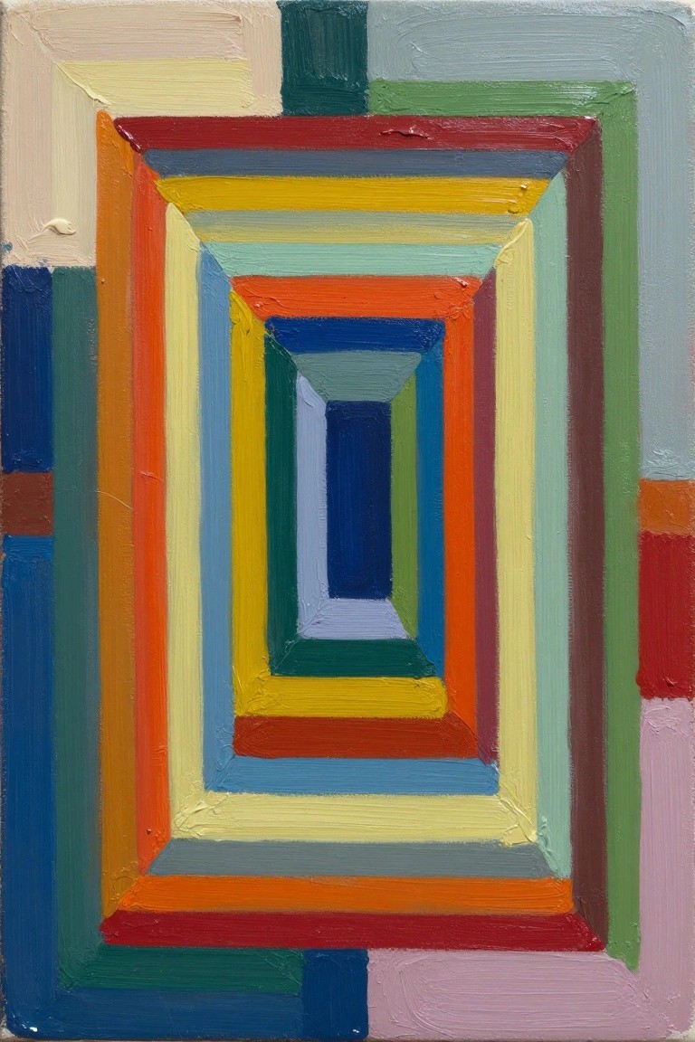 Abstract painting of nested colorful rectangles forming a vibrant tunnel.