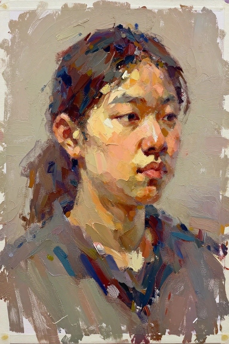 Impasto oil portrait of young Asian man in collared shirt with vibrant brushstrokes.