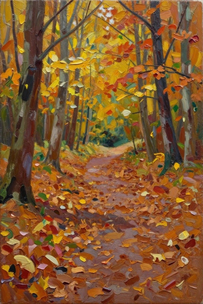 An acrylic painting of an autumn forest path covered in thick layers of colorful fallen leaves with trees on both sides.