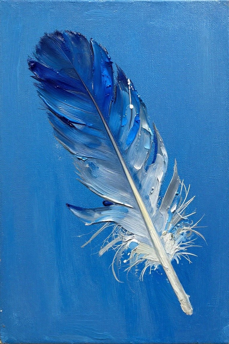 An acrylic painting of a blue feather with textured brushstrokes on a solid blue background.
