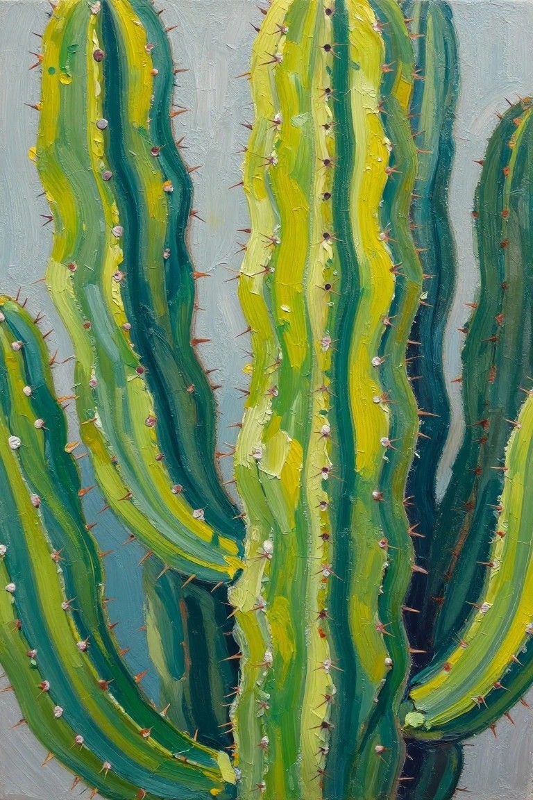 Thickly textured painting of tall green cacti with yellow streaks and brown spines.