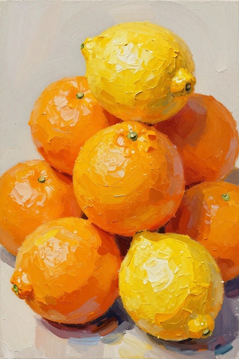 Thickly textured painting of yellow lemons and orange oranges piled together