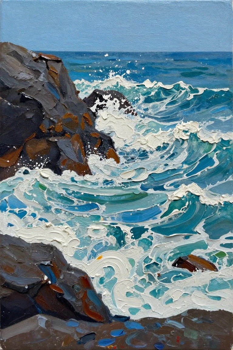 Impasto painting of foamy blue waves crashing on dark jagged rocks.