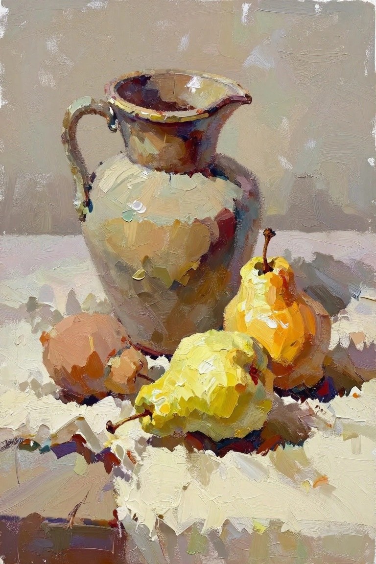 Impasto painting of ceramic pitcher with yellow pears on white cloth