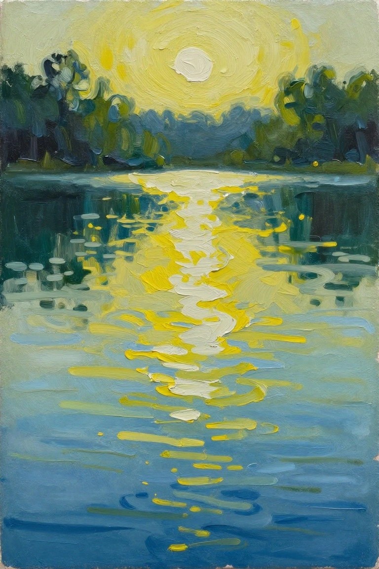 Impressionistic oil painting of yellow sun reflecting on blue water with trees