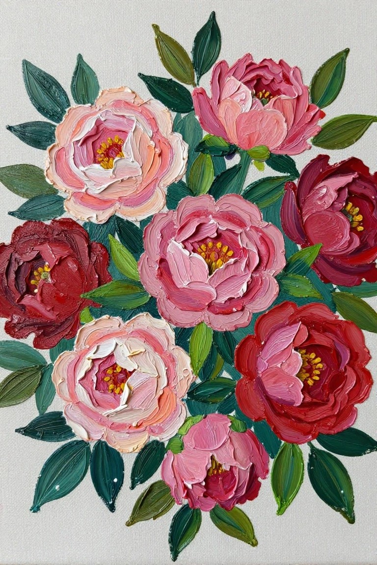 Thickly textured oil painting of blooming pink and red peonies with green leaves