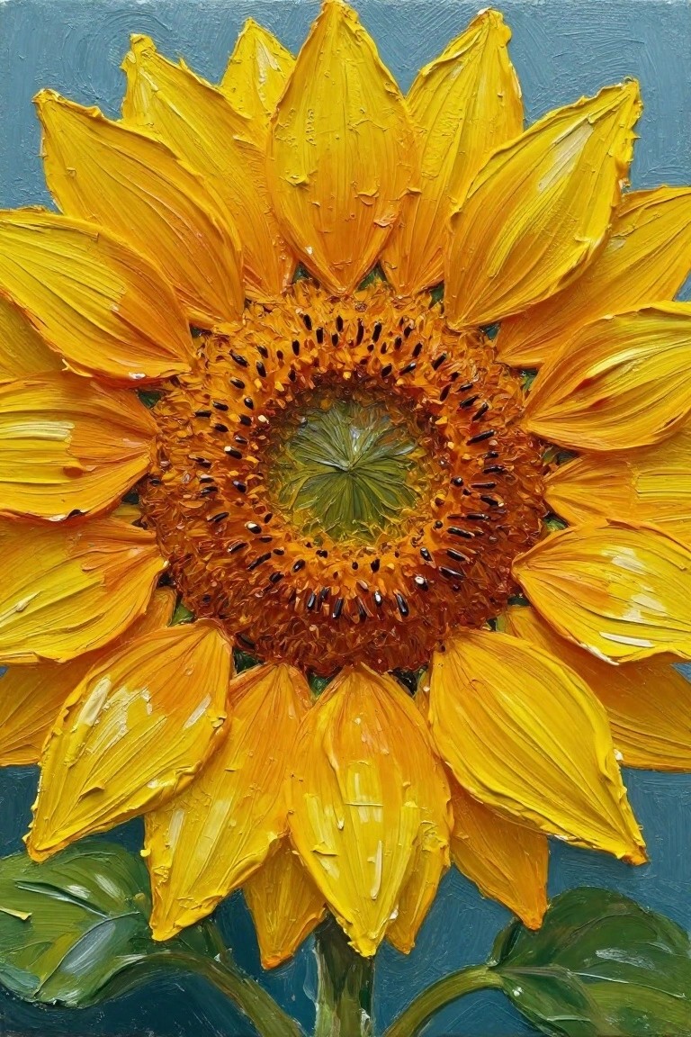 Vibrant yellow sunflower with thick impasto petals and seeded center on blue background