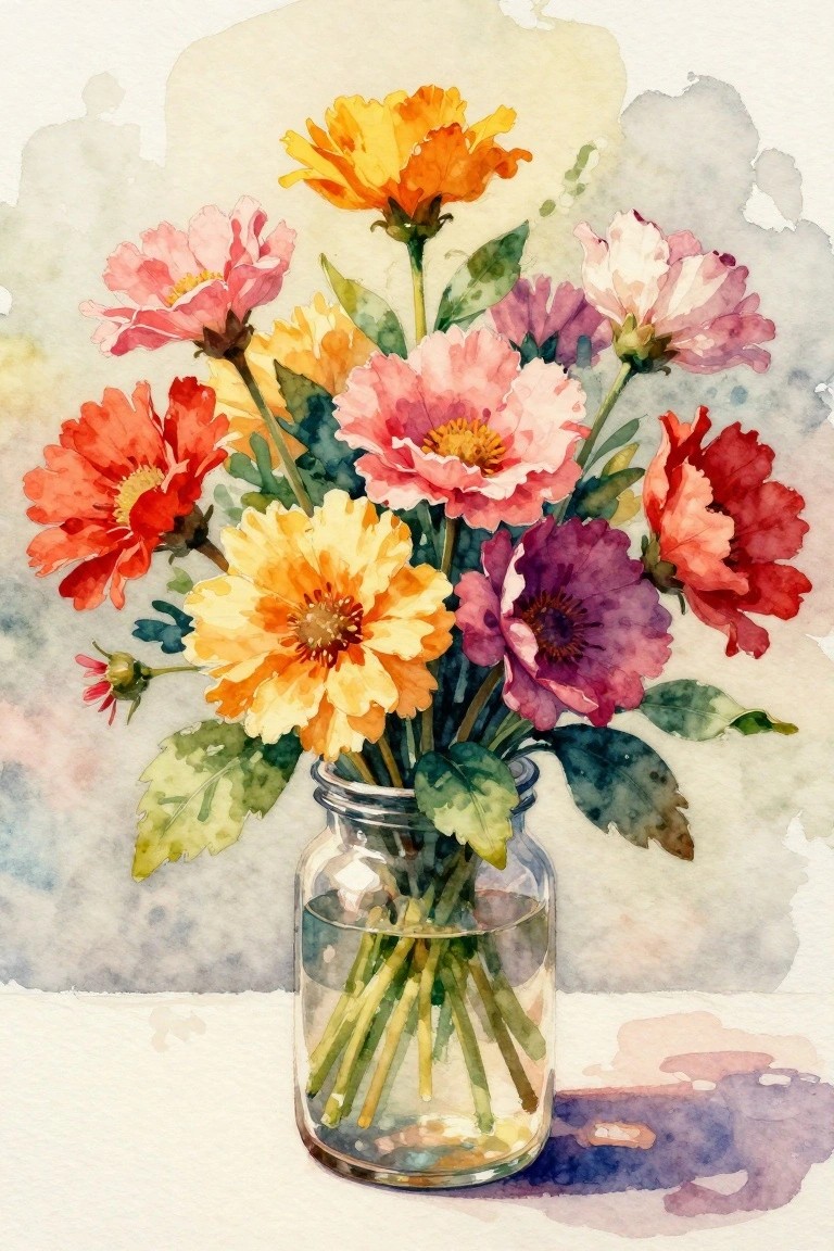 Watercolor bouquet of vibrant pink, orange, yellow, and purple flowers in a glass jar