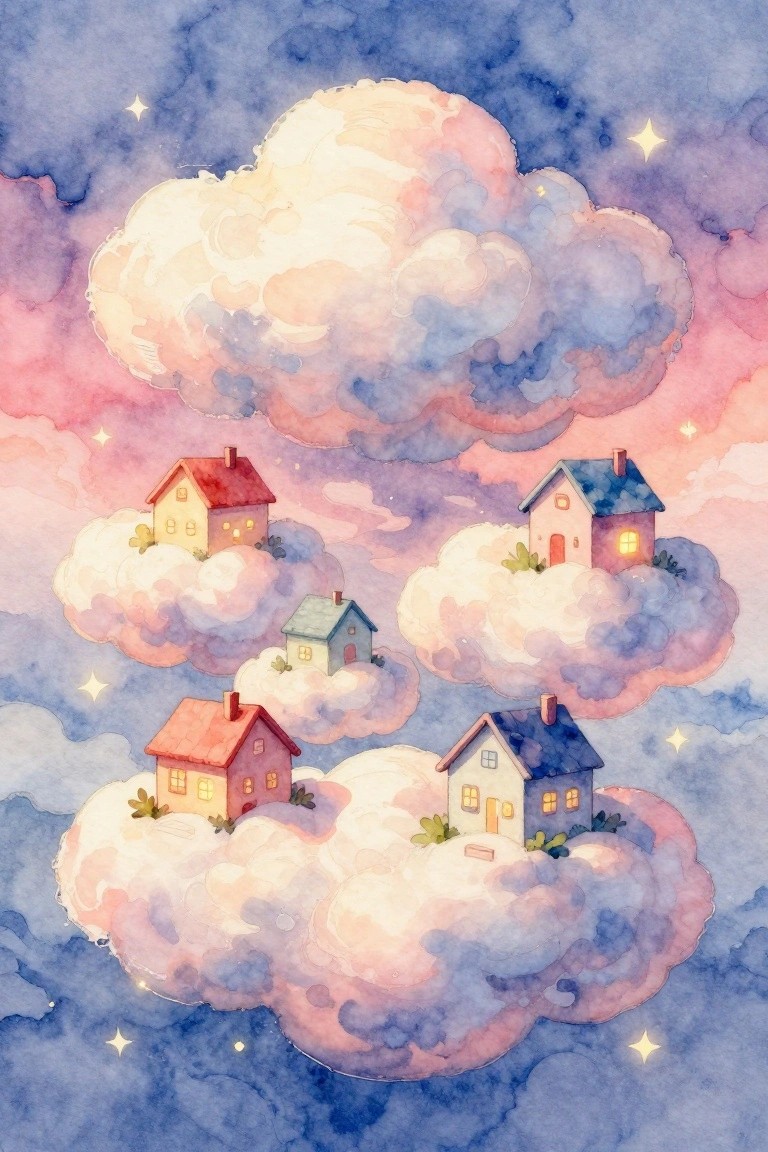 A watercolor style painting of four small houses with lit windows resting on separate fluffy clouds against a pink and blue starry sky.