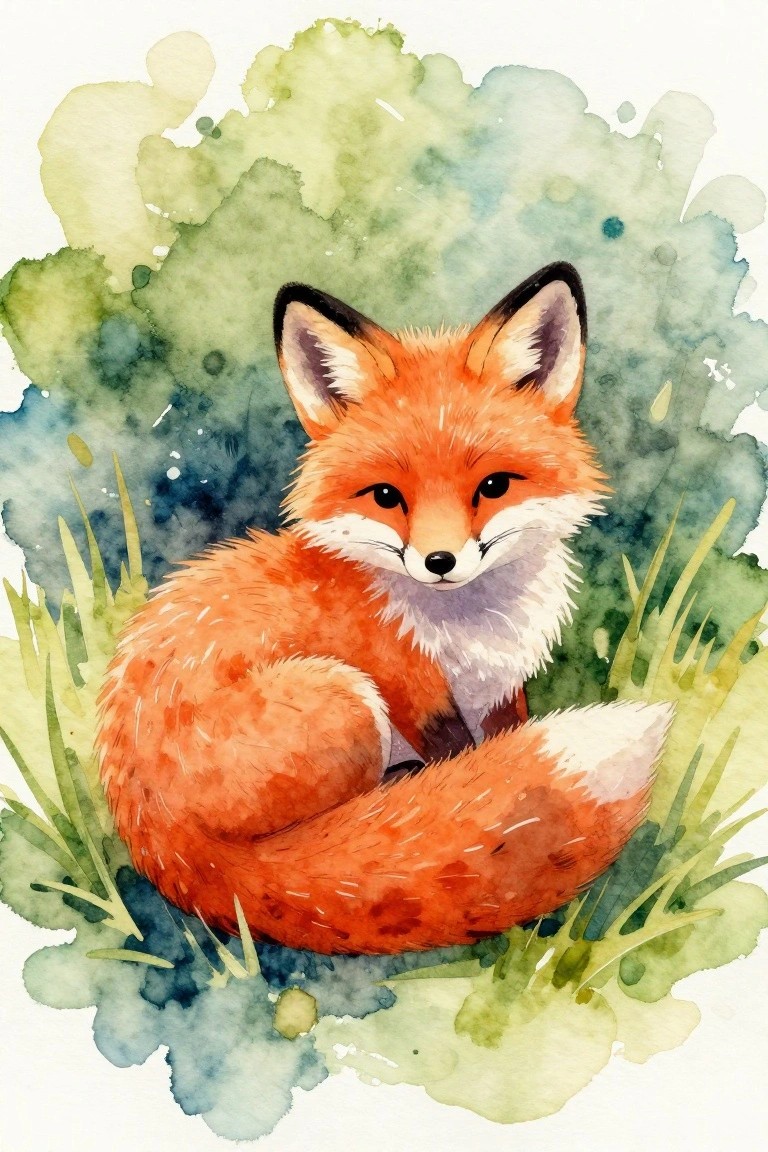 A watercolor painting of an orange fox curled up on grass with a green and blue abstract background.