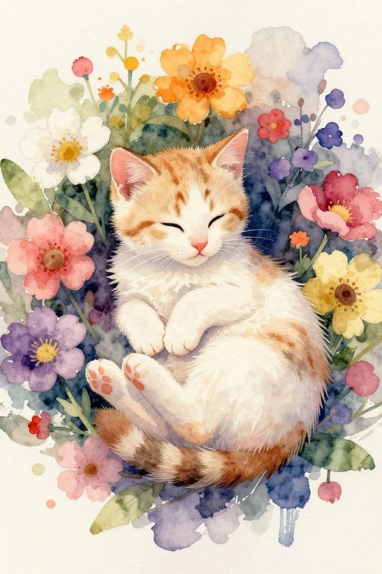 Sleeping ginger kitten curled among vibrant pink, yellow, and purple flowers