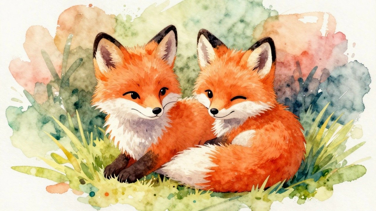 A watercolor painting of an orange fox curled up on grass with a green and blue abstract background.