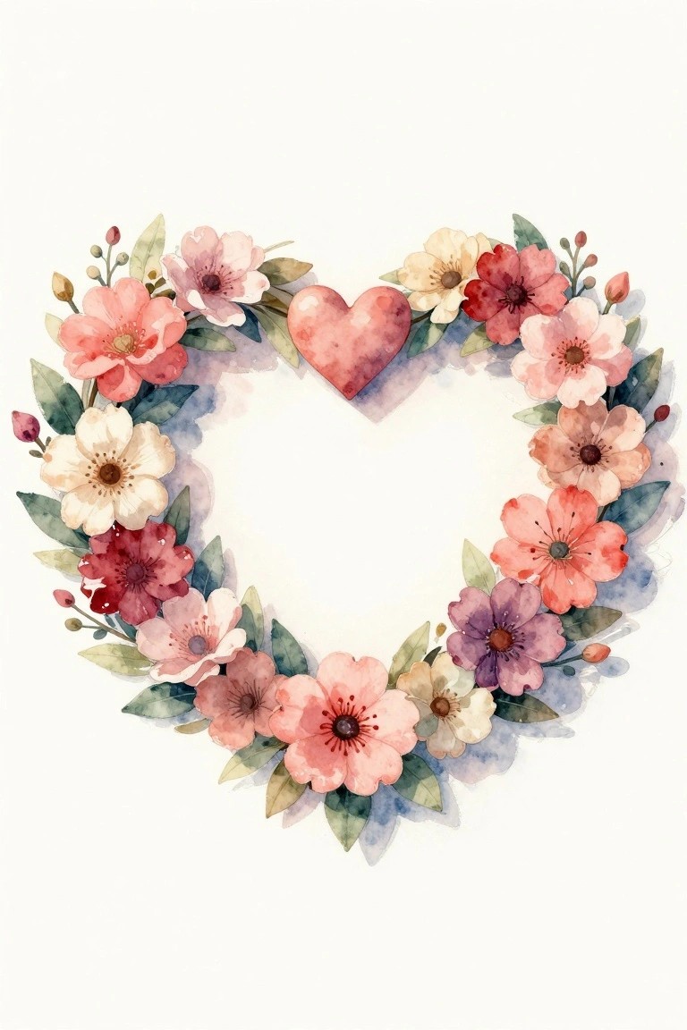Heart-shaped watercolor floral wreath in pink, red, purple blooms with central heart