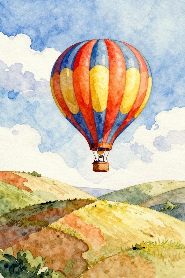 Colorful red, blue, and yellow hot air balloon floating over rolling watercolor hills.