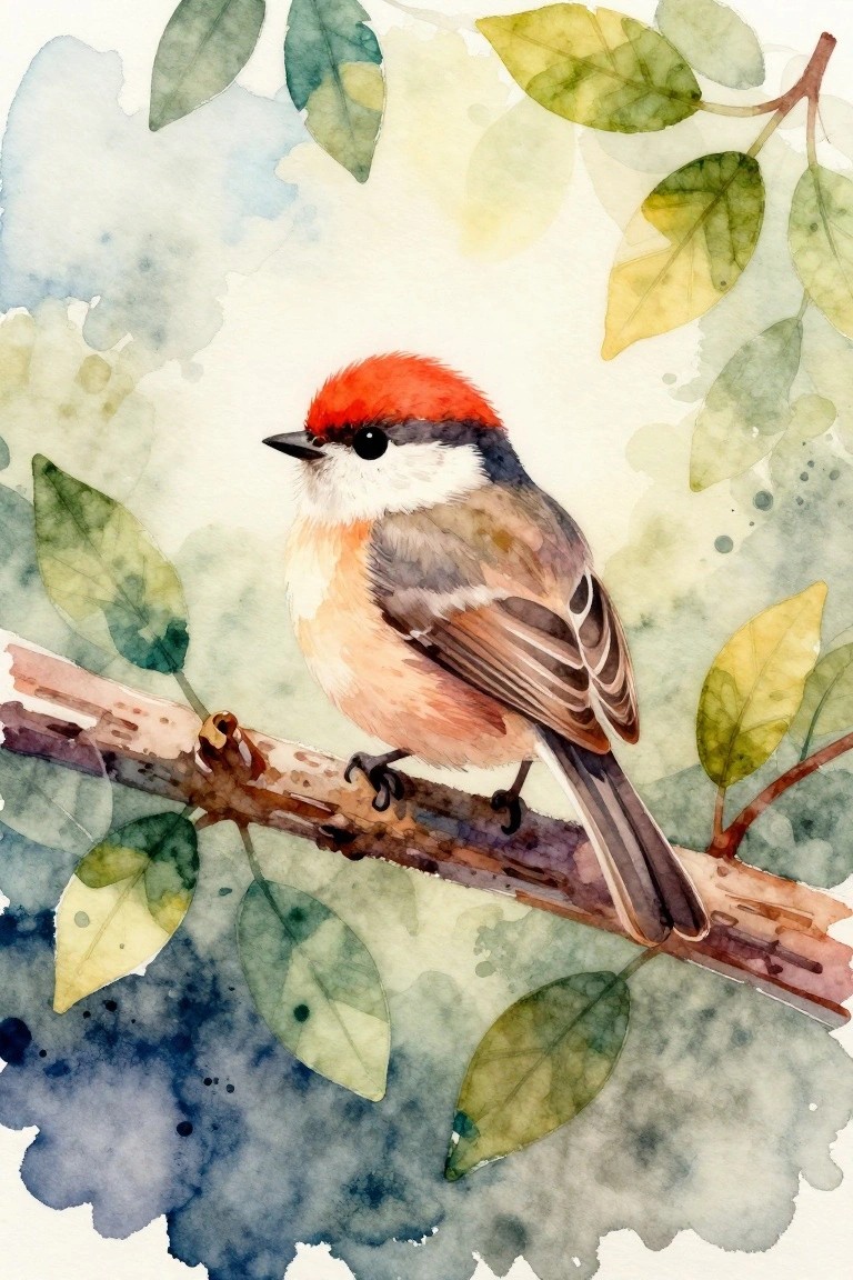 A small bird with a red head perches on a brown branch surrounded by green and yellow leaves against a soft watercolor background.