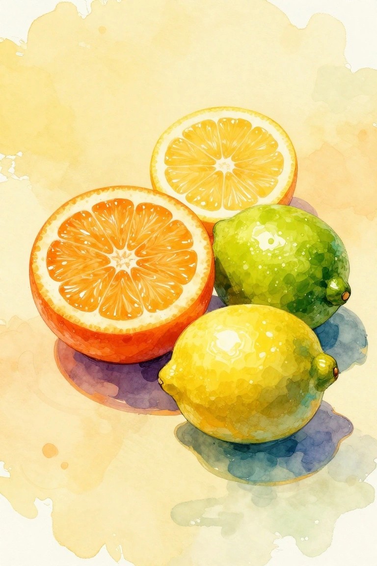 A watercolor-style painting shows halved oranges, a whole yellow lemon, and a whole green lime arranged on a soft abstract background with blue and purple shadows.