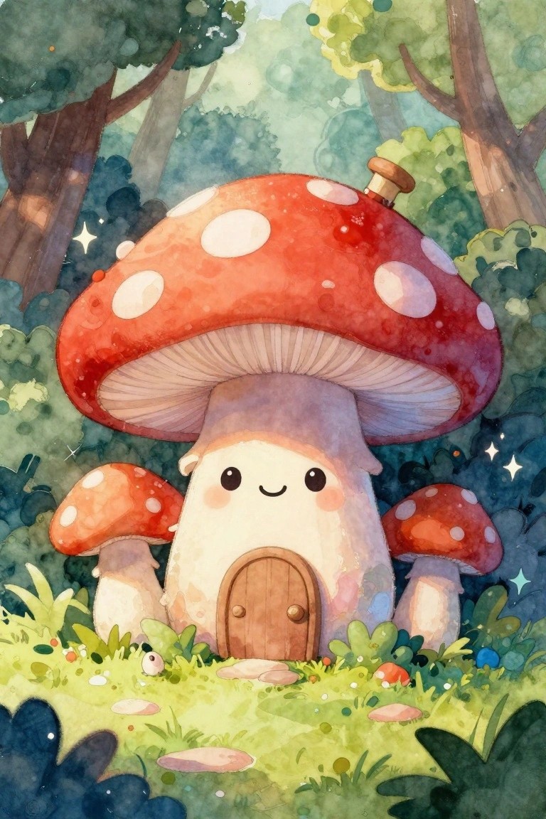 Cute smiling mushroom house with red spotted cap and wooden door in forest