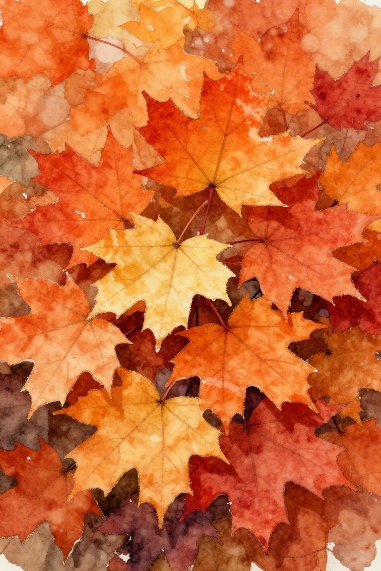 Overlapping watercolor maple leaves in vibrant autumn shades of orange red and yellow