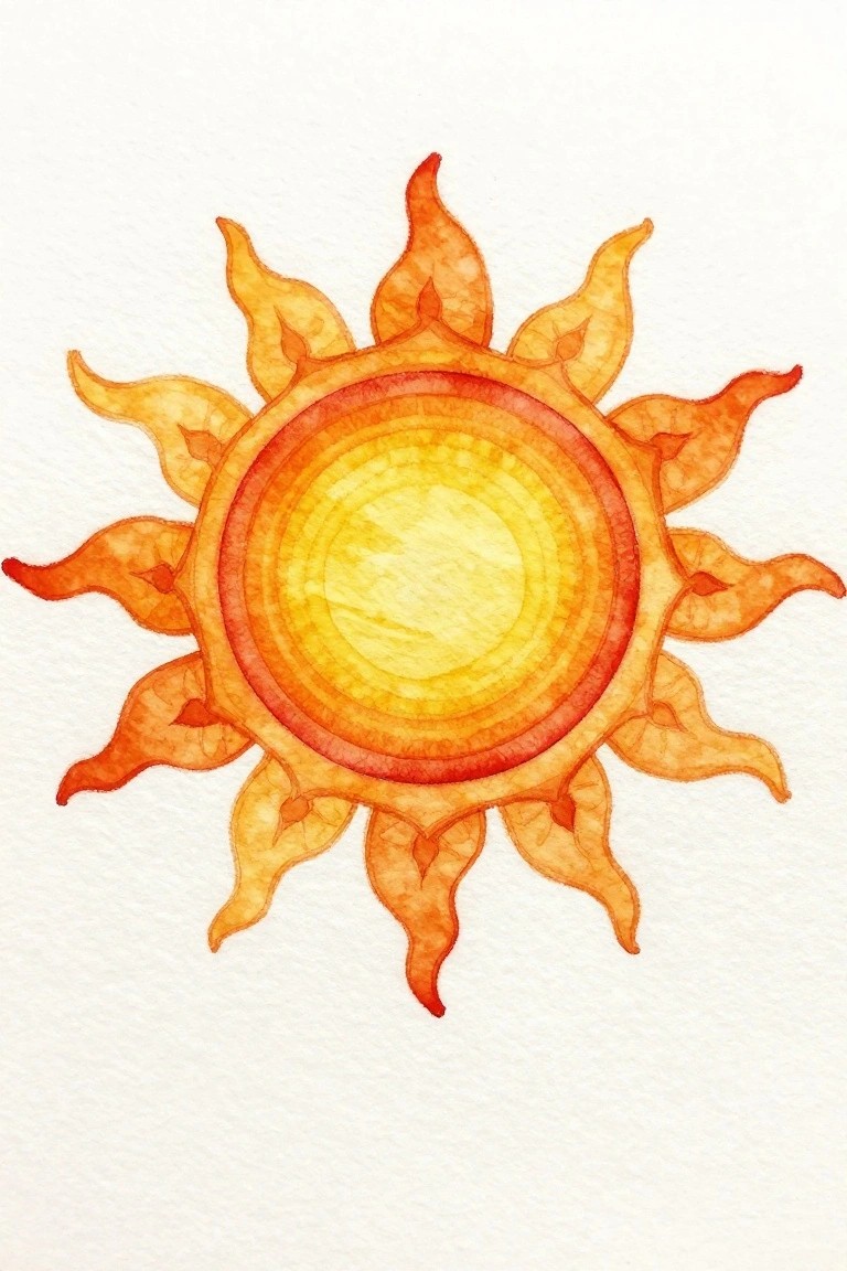 Yellow-orange watercolor sun with concentric rings and flame-like rays