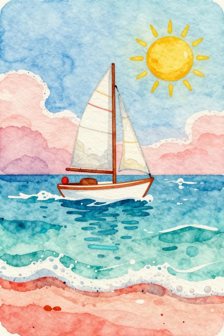 A watercolor painting of a white sailboat on blue water with a yellow sun, pink clouds, waves, and a sandy beach in the foreground.
