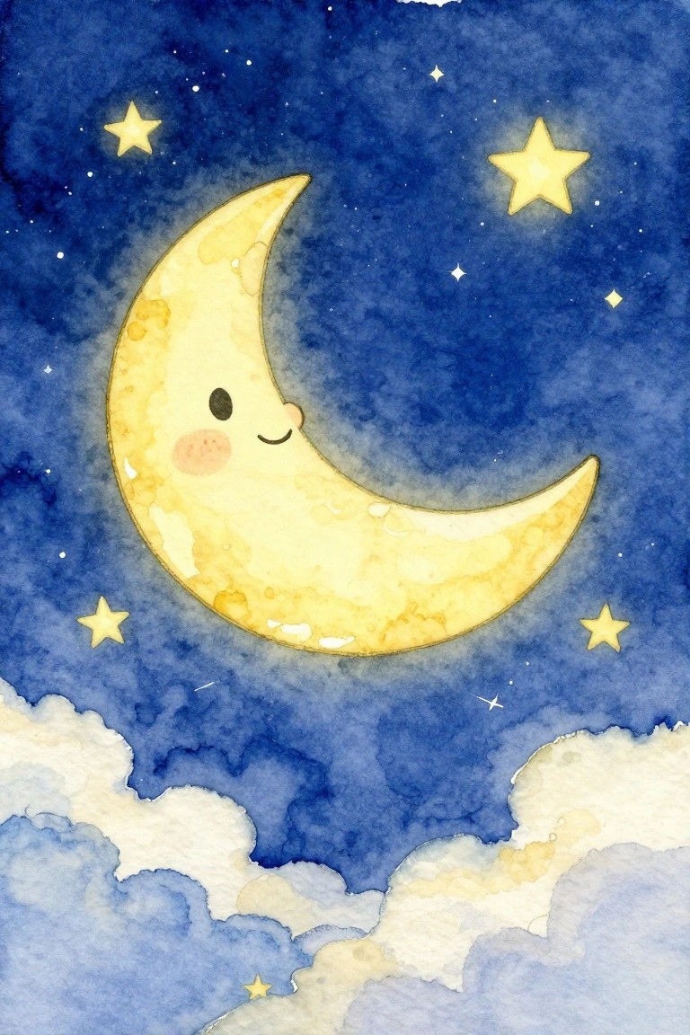 Cheerful yellow crescent moon with face amid stars and clouds in watercolor night sky.