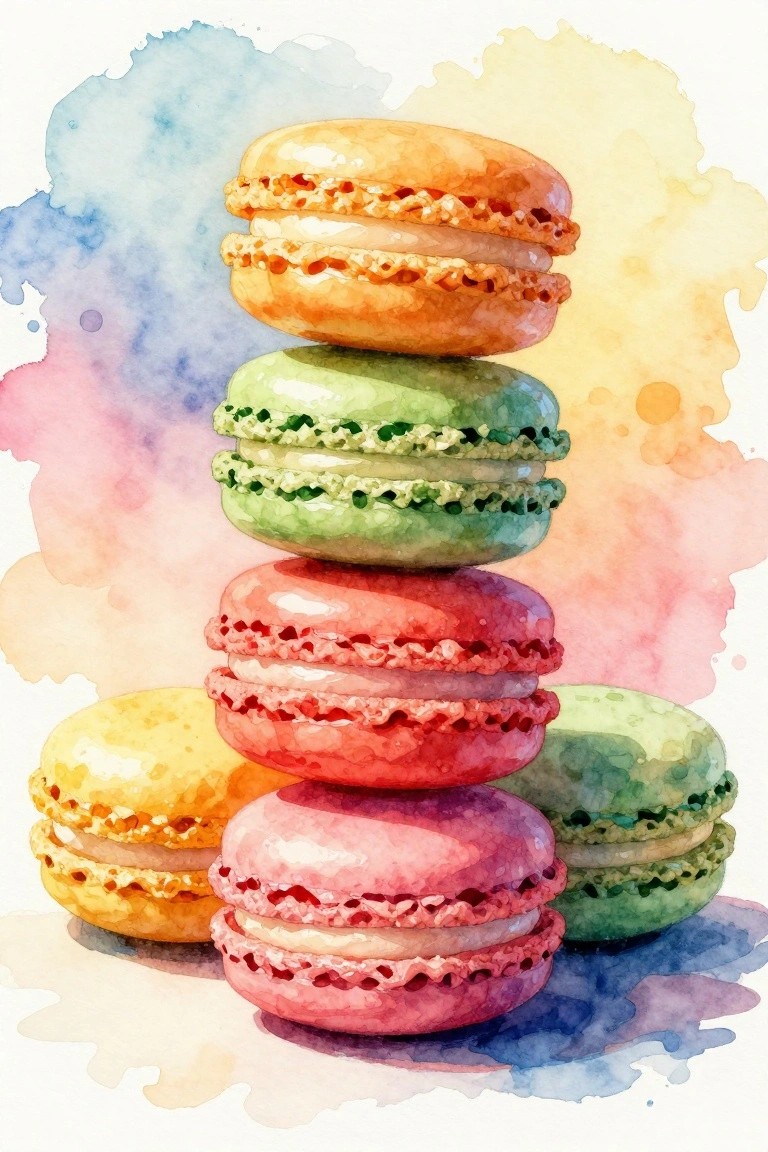 Stacked macarons in orange, green, pink, and yellow on a colorful watercolor background.