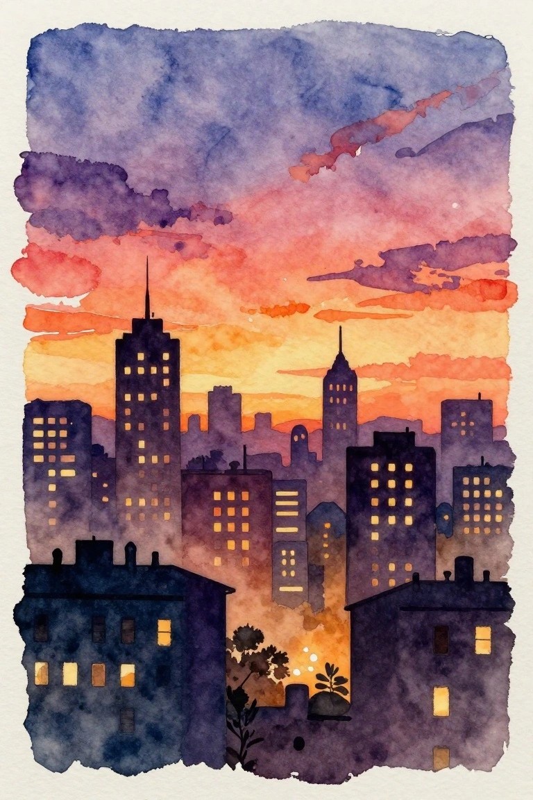 A watercolor city skyline at sunset with dark building silhouettes, lit windows, and an orange-pink-purple sky.
