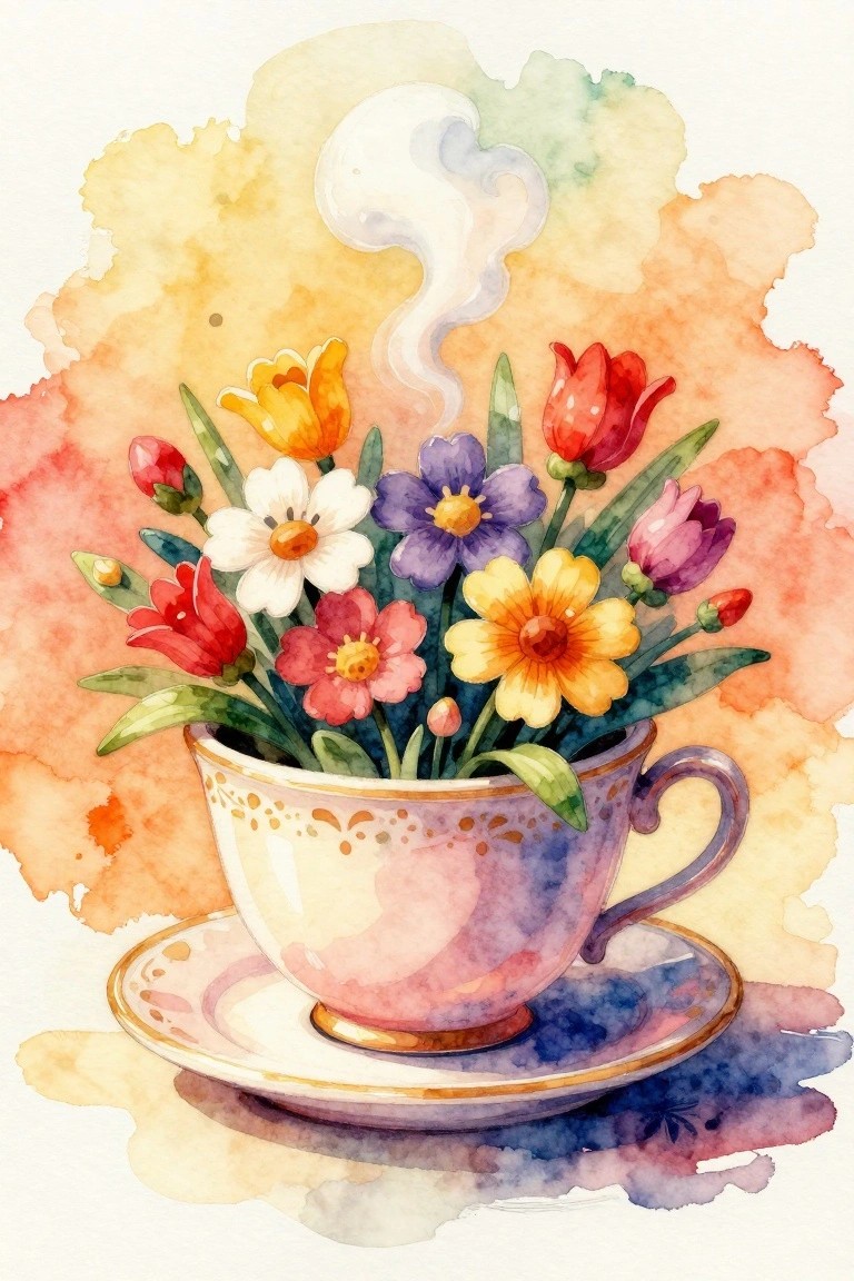 Vibrant flowers blooming in an ornate steaming teacup on saucer, watercolor style.