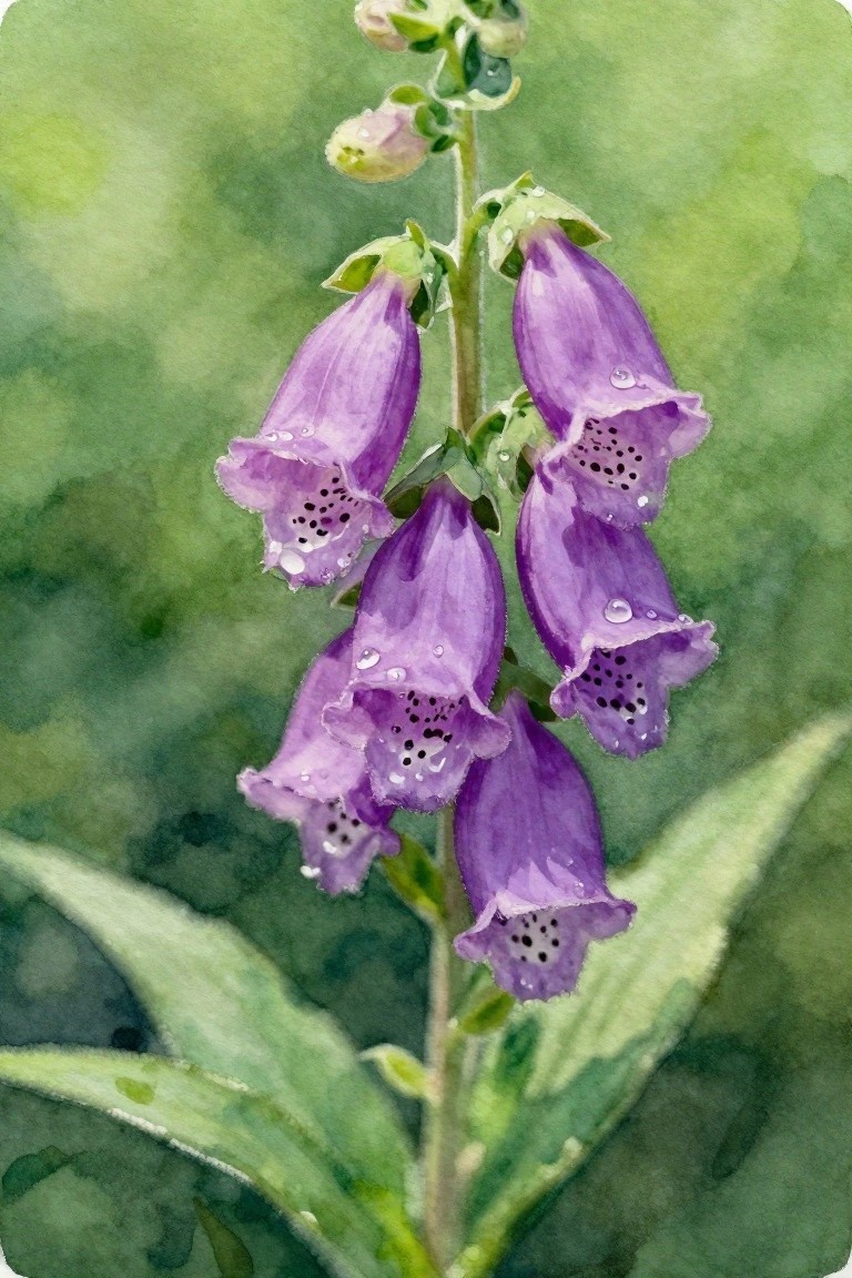 Watercolor painting of purple foxglove flowers with water droplets on a soft green background.