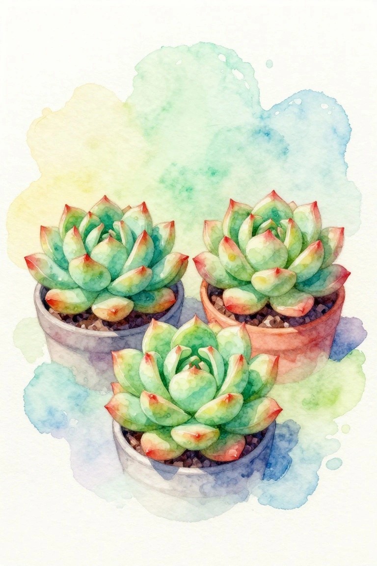 A watercolor painting of three potted succulents with green leaves tipped in red arranged on a soft multicolored wash background.