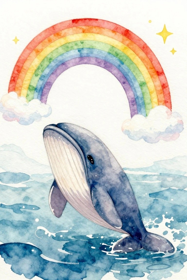 Watercolor whale breaching blue waves beneath vibrant rainbow, clouds, and stars.