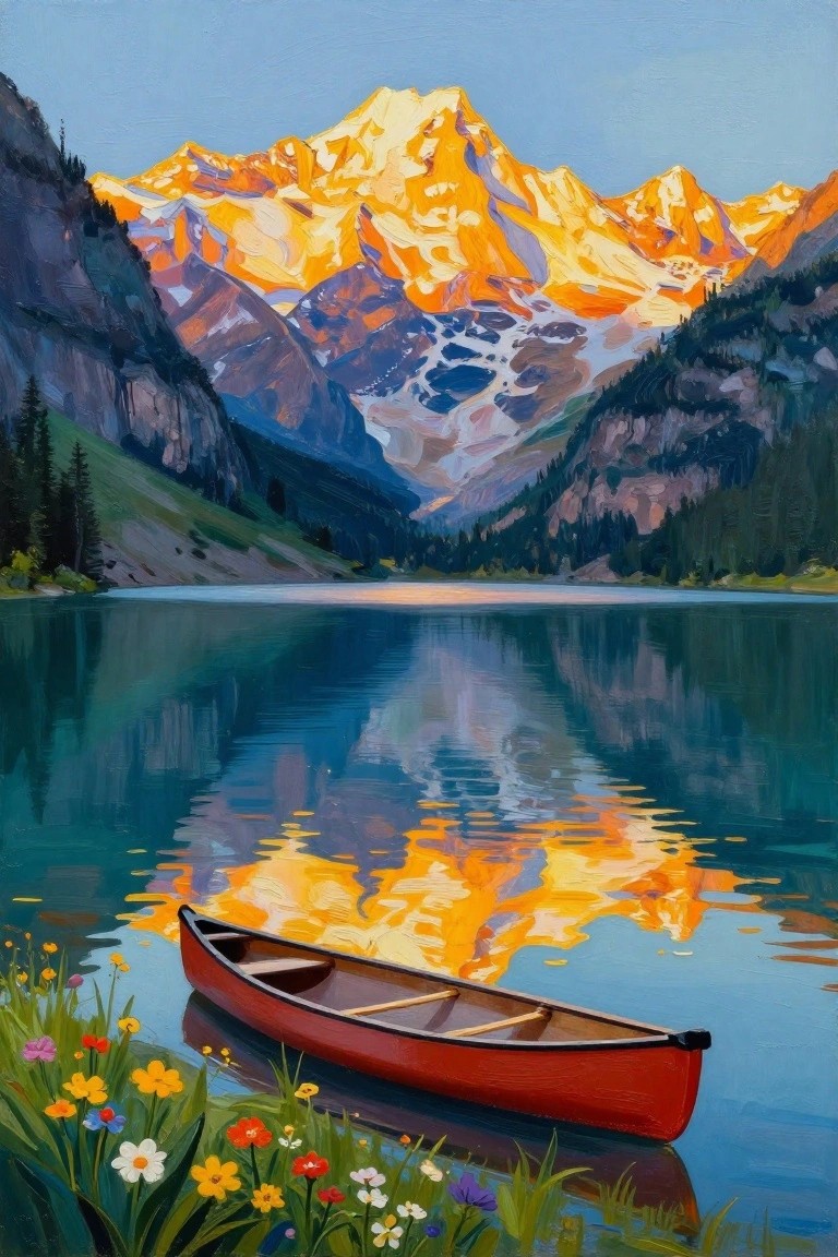 Red canoe on calm lake with wildflowers, reflecting glowing orange mountains at sunrise