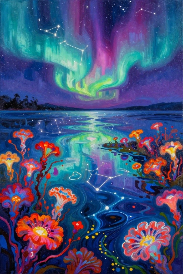 Vibrant aurora borealis over reflective lake with constellations and glowing fantasy flowers.