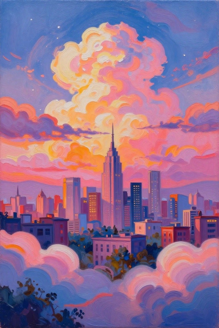 A colorful painting of a city skyline with a tall central skyscraper, surrounded by other buildings, under a sky filled with large fluffy clouds in pink, orange, and blue tones, with clouds also in the foreground.