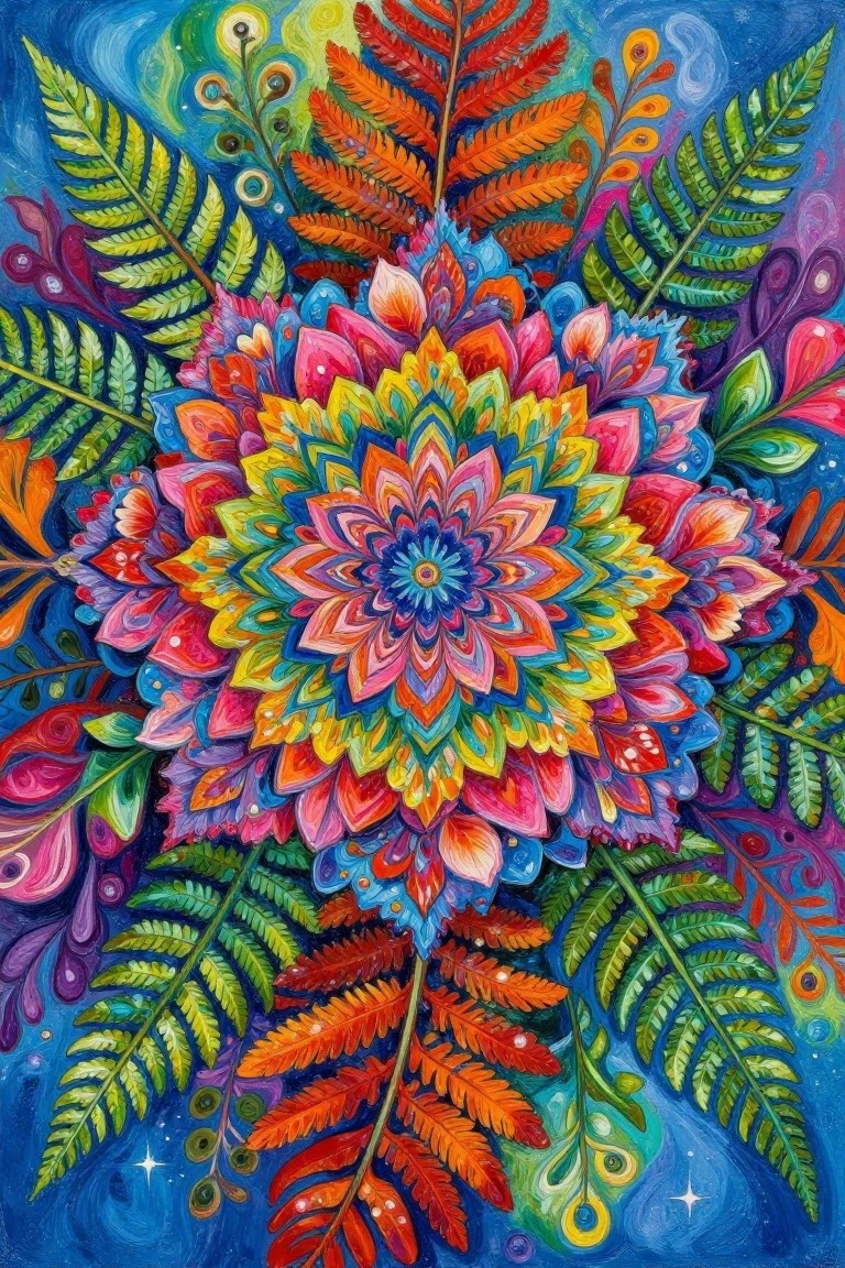 Vibrant rainbow mandala flower encircled by colorful ferns on blue background