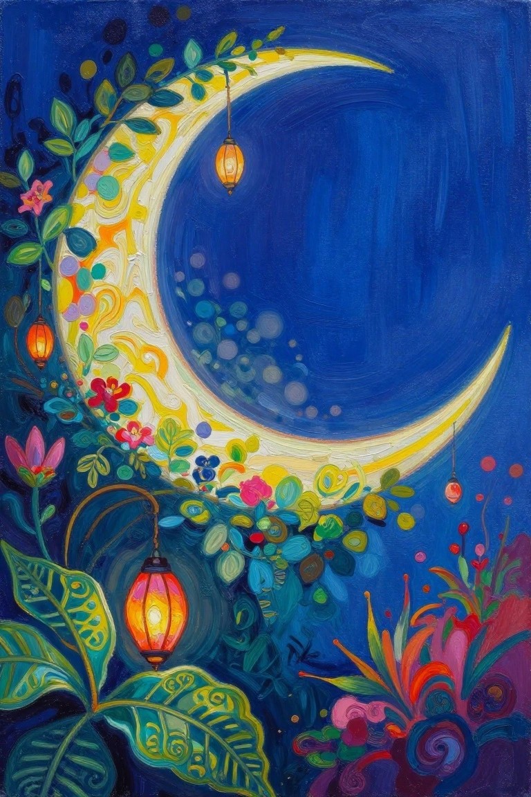 Crescent moon glowing among colorful flowers and lanterns against a deep blue sky