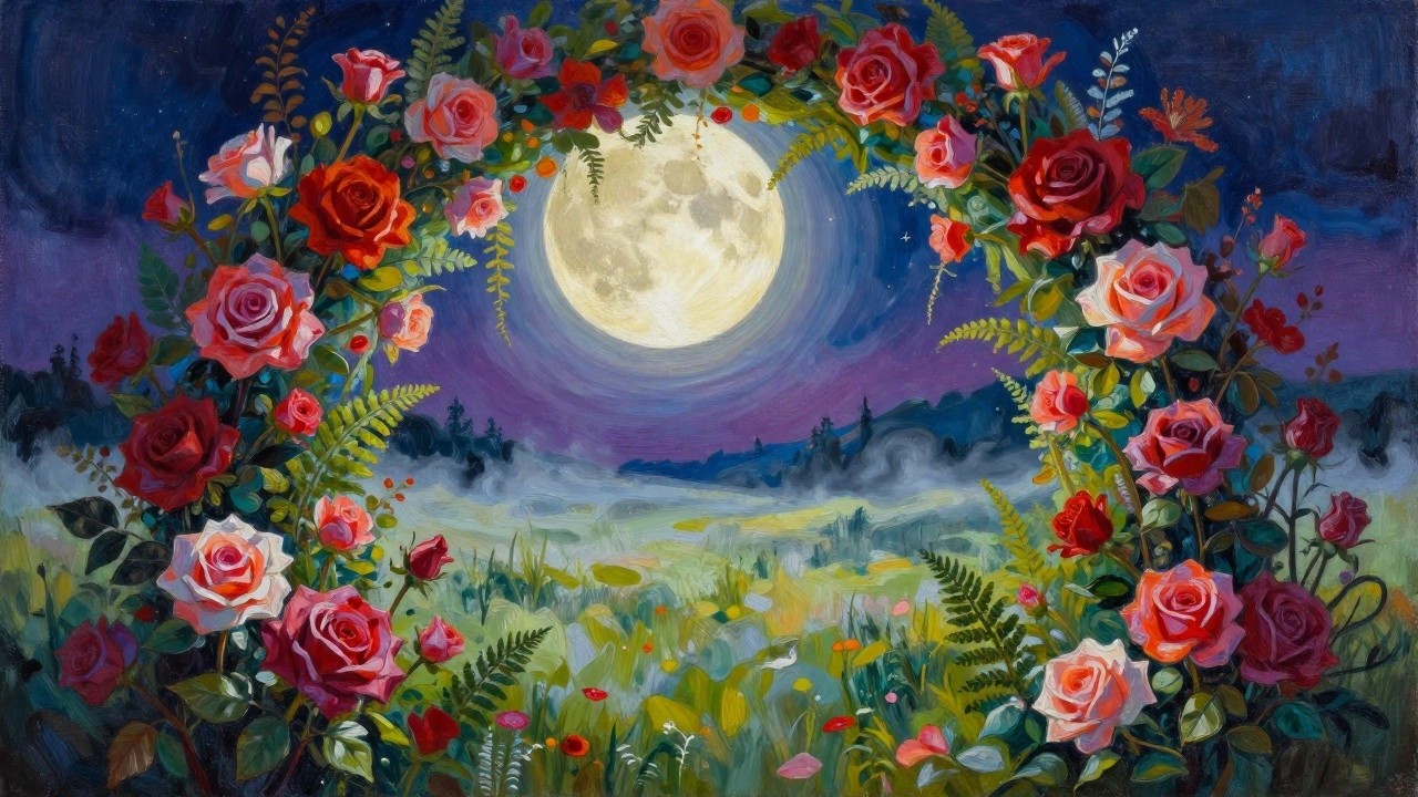 Full moon framed by colorful roses above a starry meadow at night