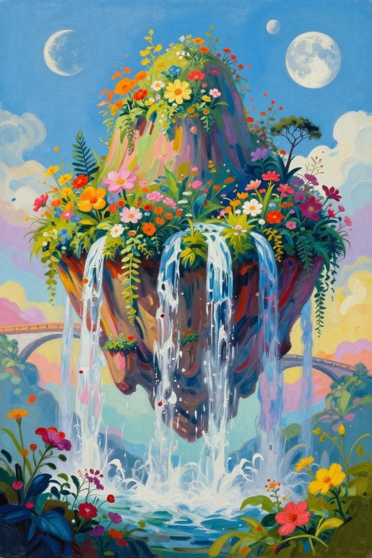 Floating floral island with cascading waterfalls under dual moons and bridges